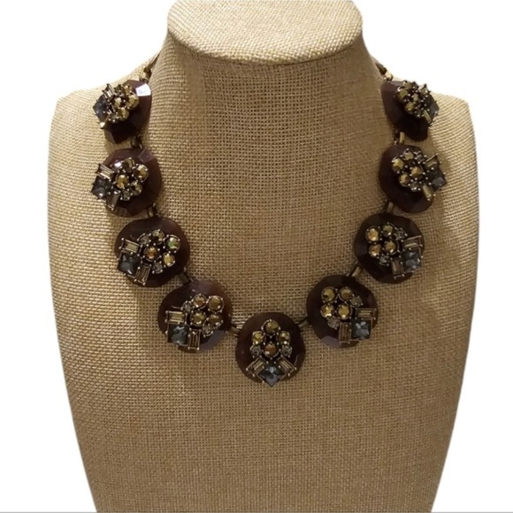 J. Crew Brown Resin Crystal Statement Necklace Antique Gold‎ Tone Adjustable
